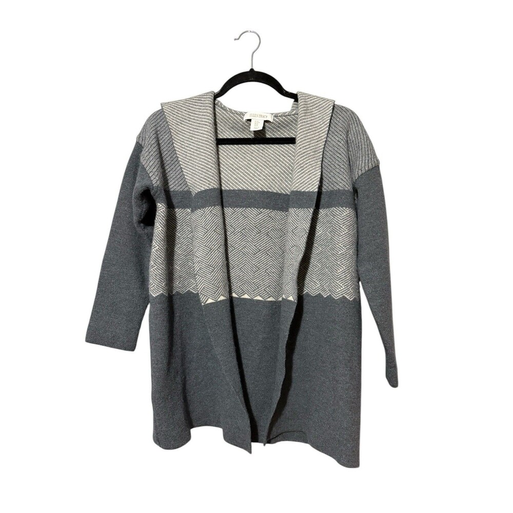 Ellen Tracy Merino Wool Blend Hooded Cardigan M Gray Geometric Open Front